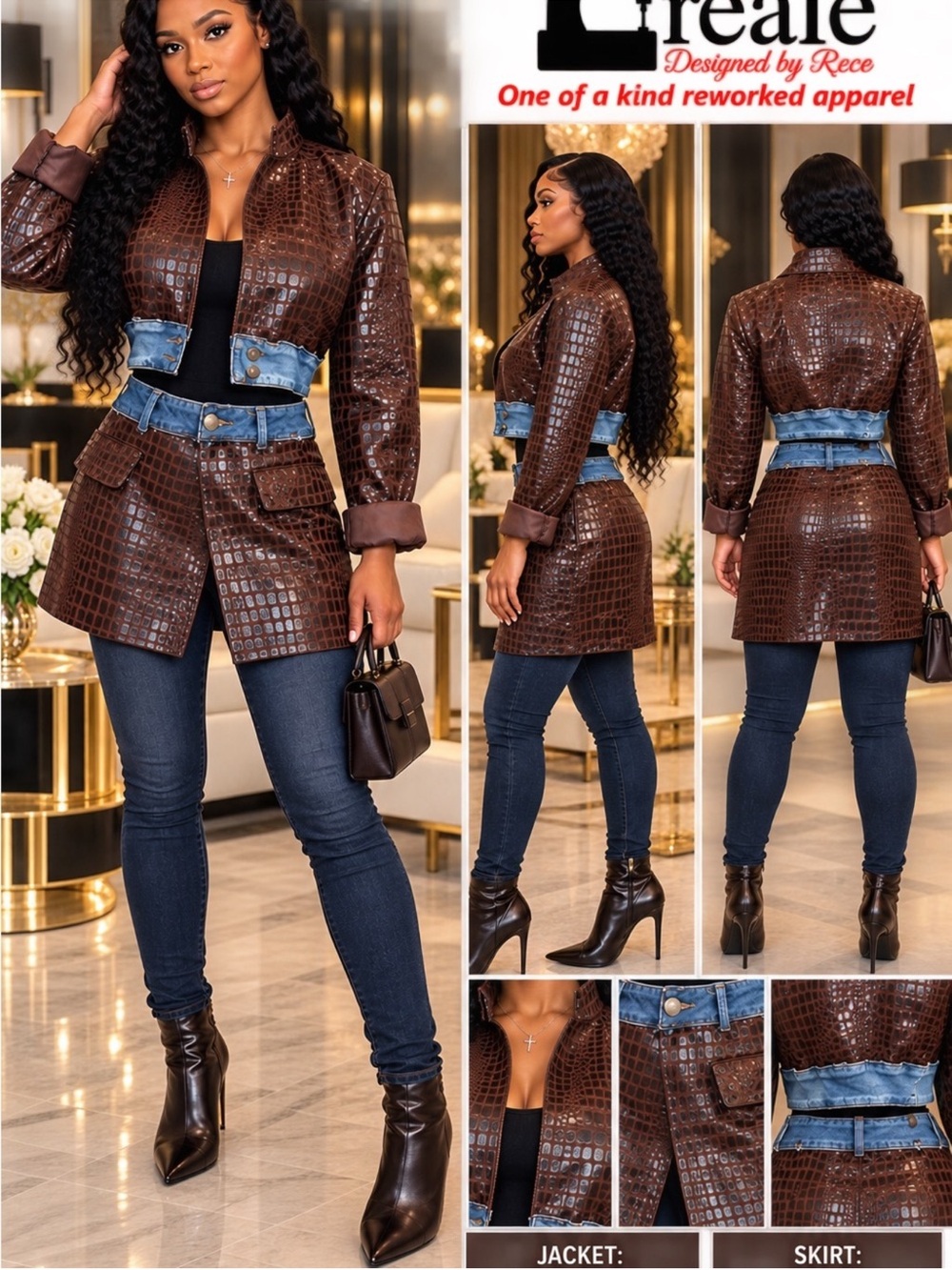 Women's Brown Croc-Embossed Jacket with Denim Waist
